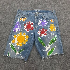 Ariat Denim Cut Off Shorts Womens Size 31R Blue Hand‎ Painted Floral Design